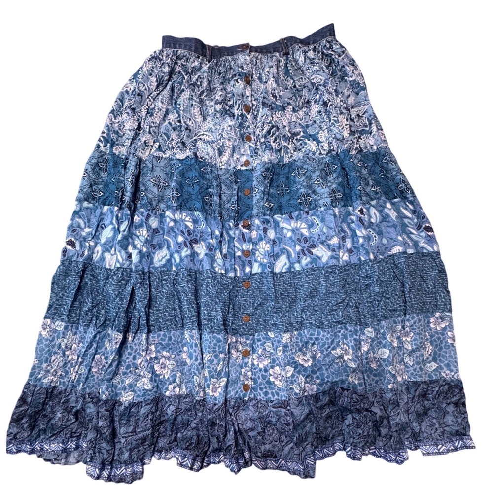 Vintage St. John's Bay 100% Rayon Crinkle Patchwork Button Maxi Skirt L Boho
